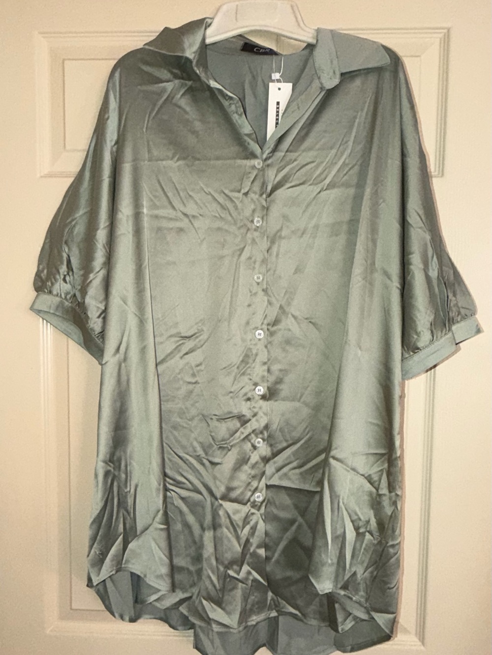 Soft Satin Button-Down Shirt - Sage Green